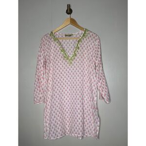 Floral Print Tunic‎ Top Boho Cotton V Neck Green Pink Medium